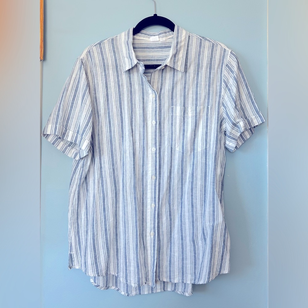 Light Blue Linen Striped Short-Sleeve Button-Up Shirt